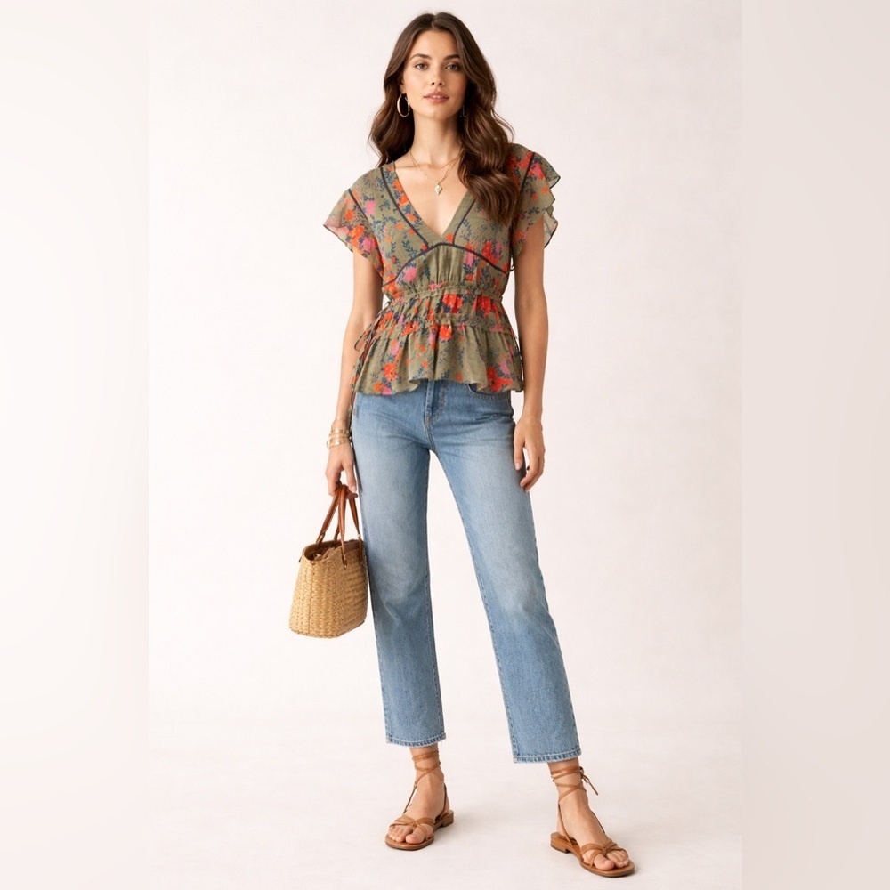Tanya Taylor “Antia” silk floral green, red and blue v-neck blouse. Size 2